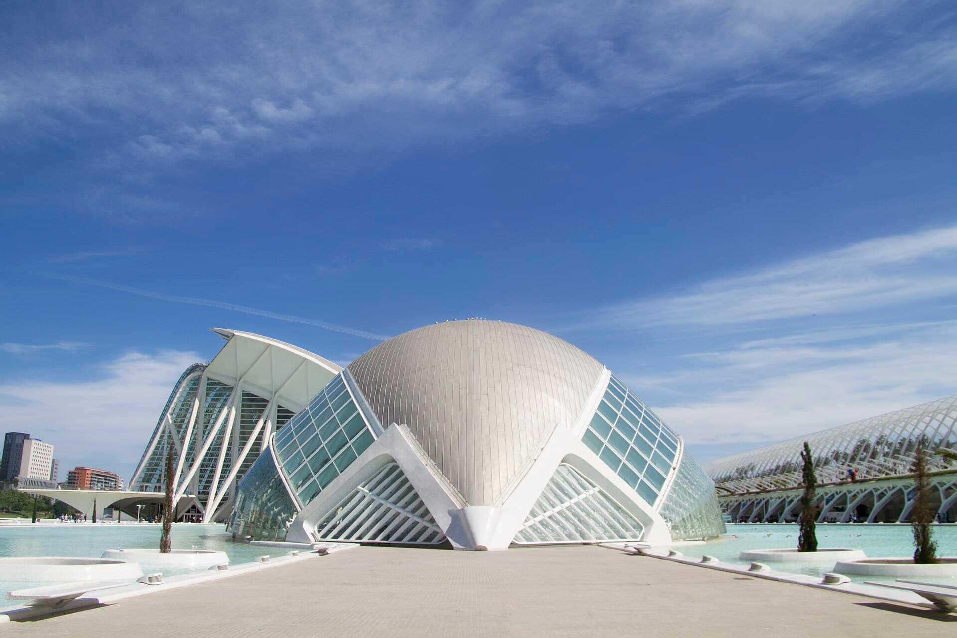 White curved buildings of the City of Arts and Sciences in Valencia under a blue sky.