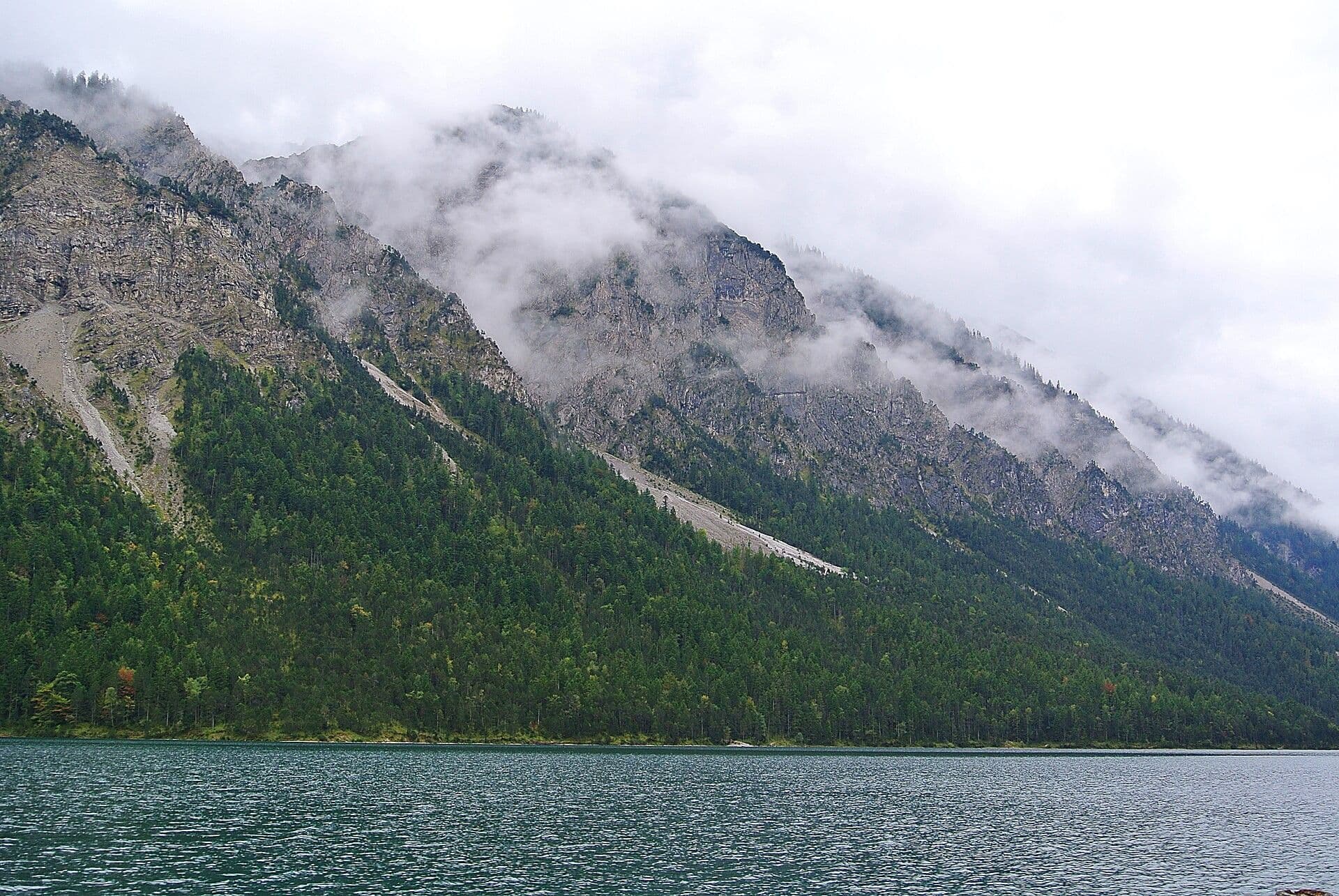 A forested mountainside falling to a still lake under low cloud.